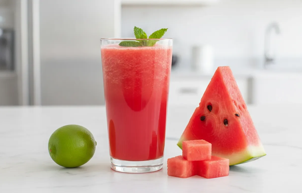 Copo de suco de melancia com hortelã, fatia da fruta, cubos e um limão sobre bancada clara.