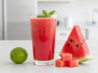 Copo de suco de melancia com hortelã, fatia da fruta, cubos e um limão sobre bancada clara.