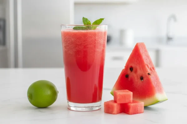 Copo de suco de melancia com hortelã, fatia da fruta, cubos e um limão sobre bancada clara.
