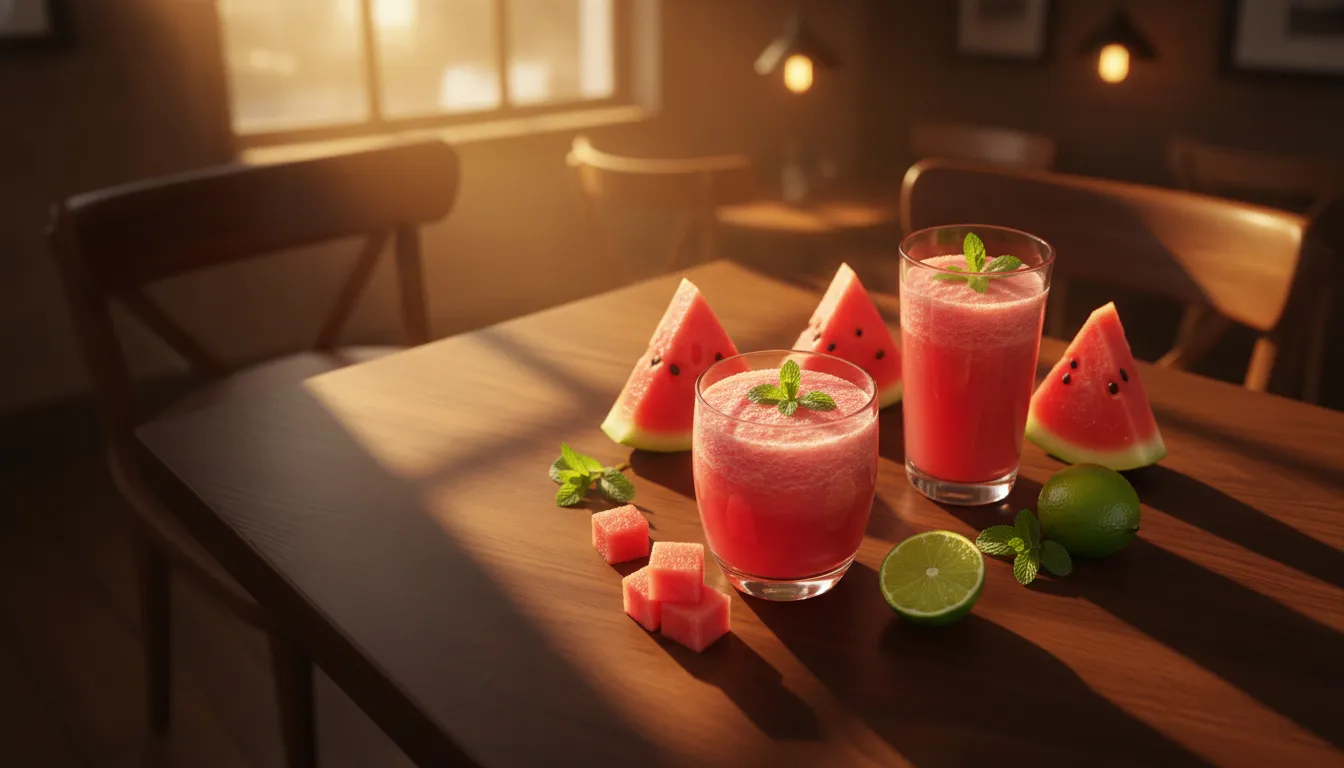 ImageDois copos de suco de melancia com hortelã, fatias da fruta e limão sobre mesa de madeira sob luz solar.