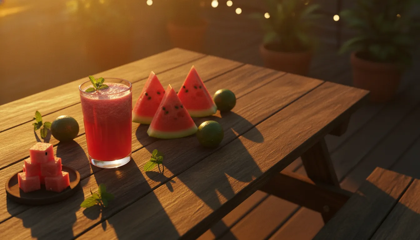 Copo com suco de melancia fresco ao lado de fatias da fruta em mesa de madeira ao pôr do sol.