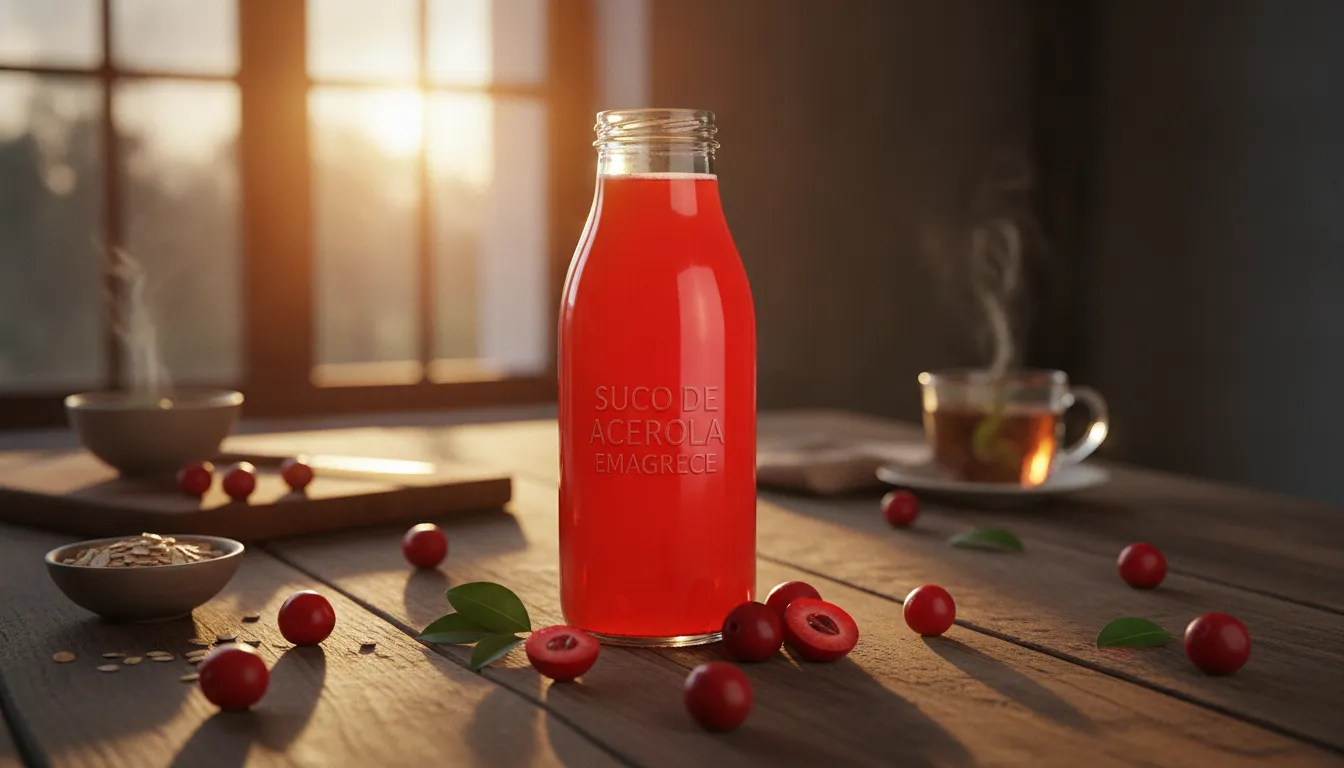 Garrafa de vidro com suco de acerola vermelho em mesa rústica ao pôr do sol, cercada por acerolas frescas.