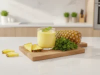 Suco de abacaxi amarelo em copo com hortelã sobre tábua de madeira na cozinha.