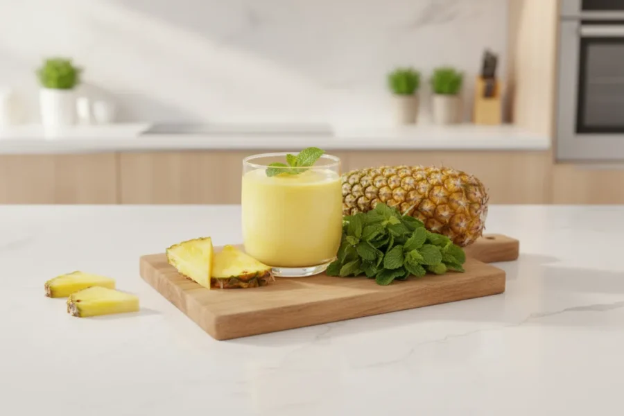 Suco de abacaxi amarelo em copo com hortelã sobre tábua de madeira na cozinha.