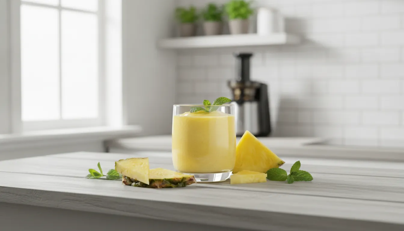 Copo de suco de abacaxi com hortelã sobre mesa de madeira, cercado por pedaços de fruta e folhas frescas.
