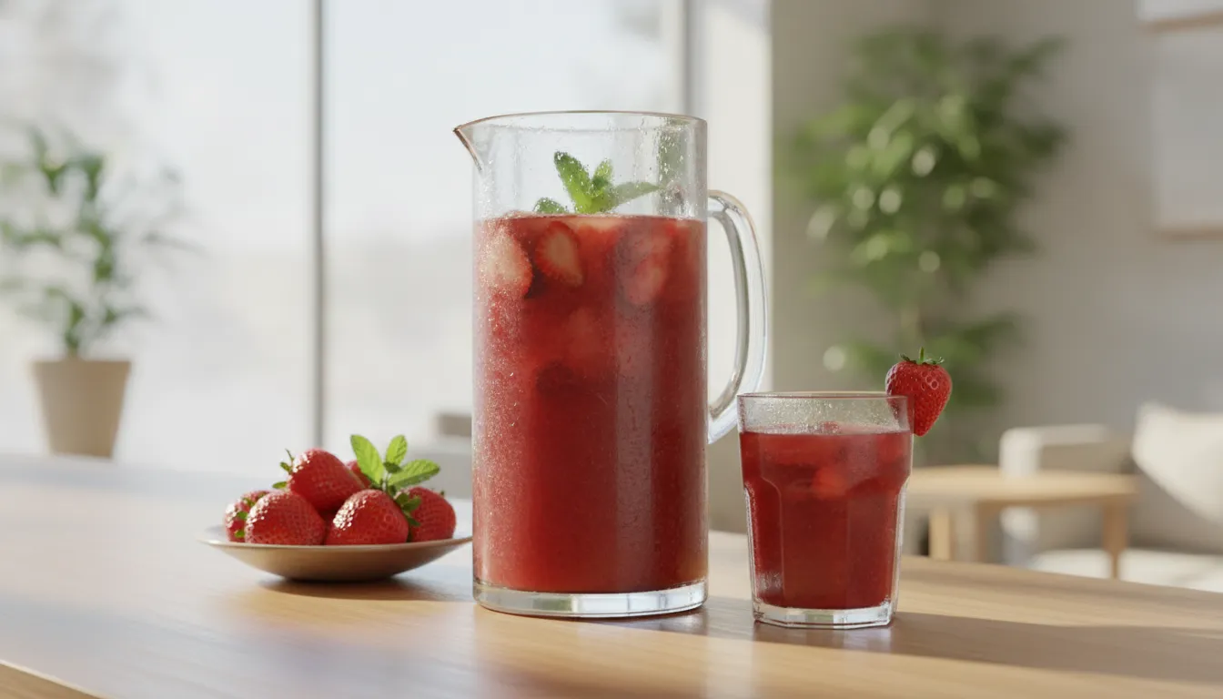 Jarra e copo com suco de morango e hortelã ao lado de tigela com morangos sobre mesa de madeira.