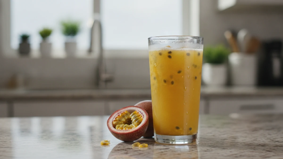 Suco de maracujá e fruta em uma cozinha moderna.