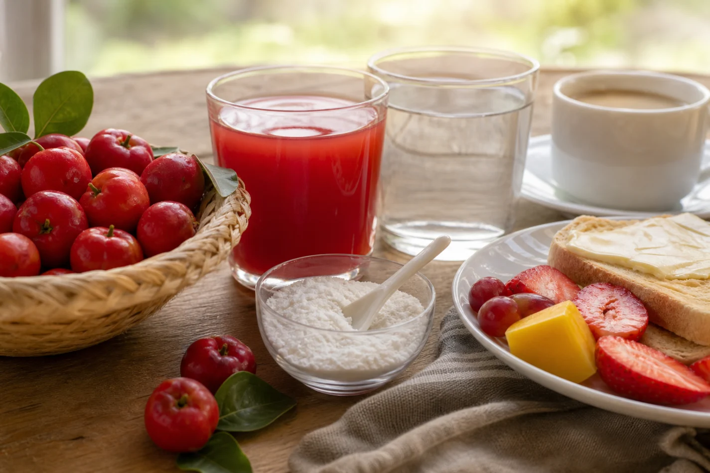 Acerola e ácido ascórbico no café da manhã | Suco Pura Energia Acerola e ácido ascórbico no café da manhã sucos para café da manhã