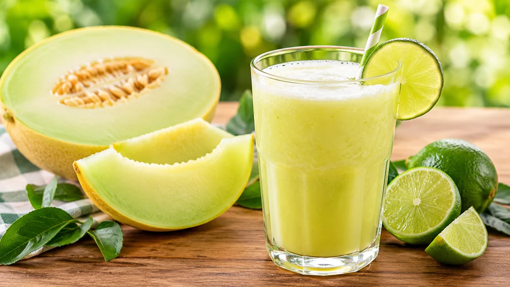 Suco de melão com limão em um copo de vidro, acompanhado de fatias de melão e limões frescos sobre uma mesa de madeira.
