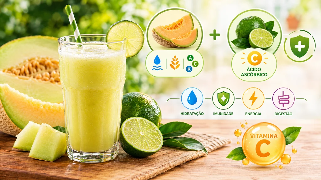 Suco de melão com limão acompanhado de frutas frescas e elementos gráficos destacando vitamina C, ácido ascórbico, hidratação, nutrientes, imunidade, energia e digestão.