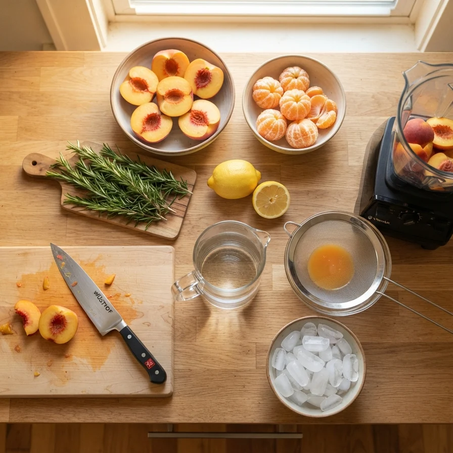 Suco Brisa Dourada de Pêssego, Tangerina e Alecrim: Refrescante e Nutritivo - Ingredientes e Preparo